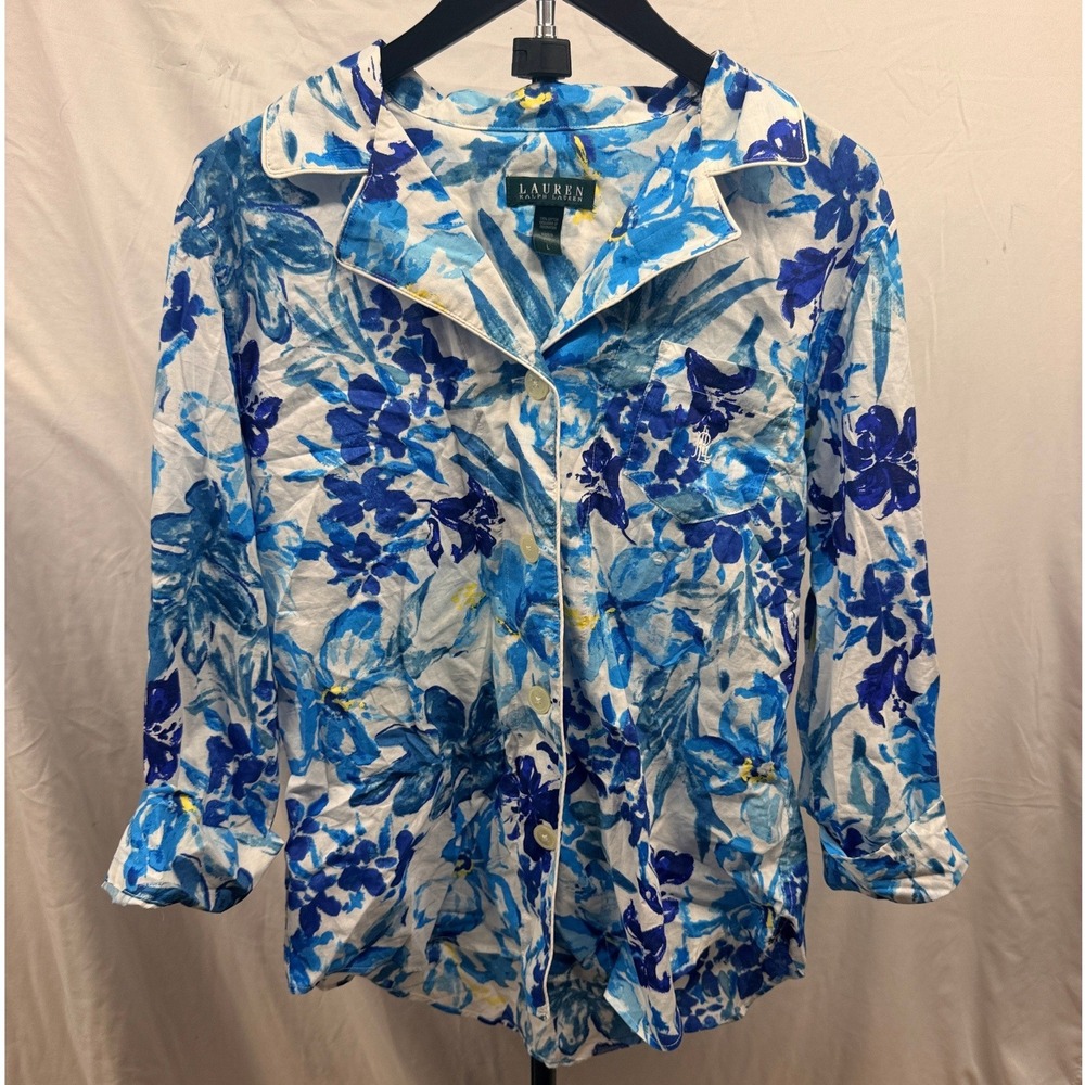 Lauren Ralph Lauren Blue Floral Cotton Pajama Top Button Down Sleep Shirt Large